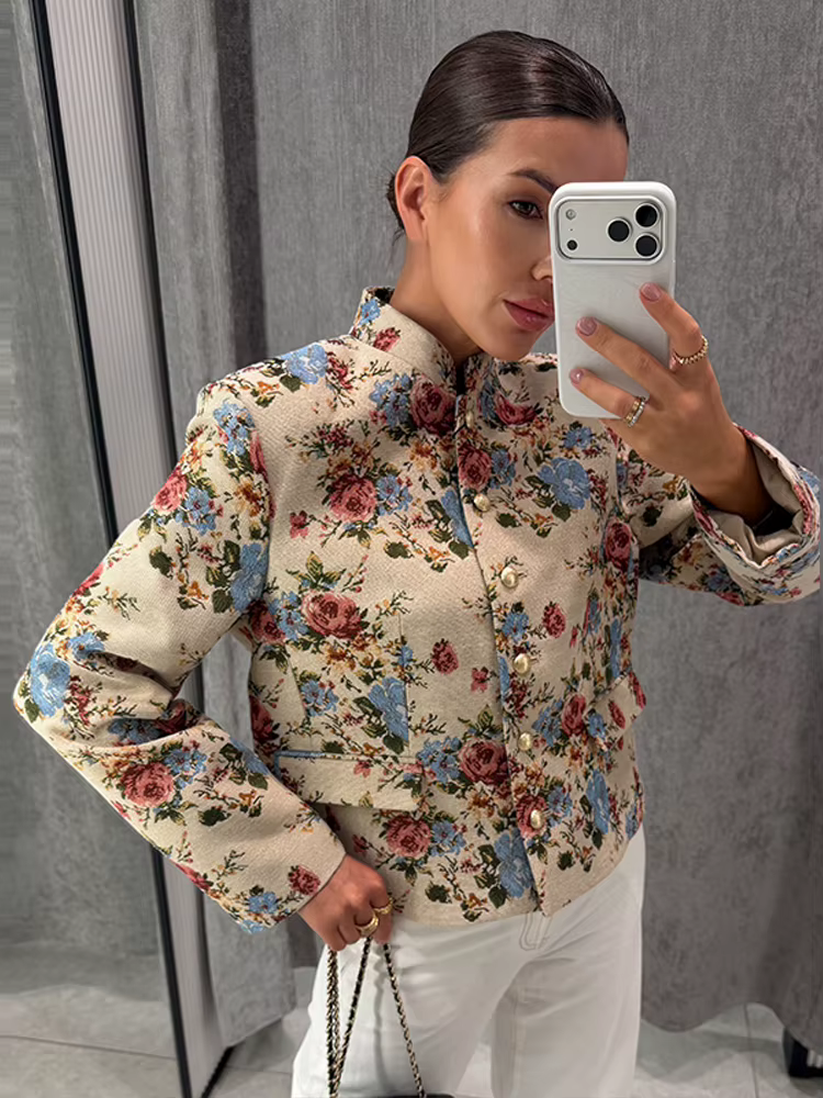 Blazer imprimé floral pour femme, col mandarin, épaulettes, veste courte à simple boutonnage, style vintage, pour l'automne et le quotidien