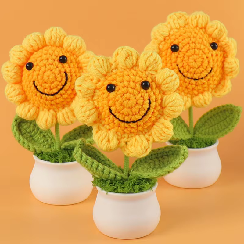 1 pièces fleurs artificielles créatives mignon Crochet Pots de tournesol tricoté fleur à la main cadeau maison cadeaux d'invité de mariage décor de bureau