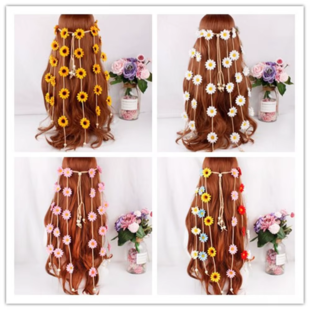 Bandeau de sauna en forme d'hélicoptère avec fleur, couronne florale, accessoires pour cheveux de tournesol d'été, style bohème des années 70, 2 pièces