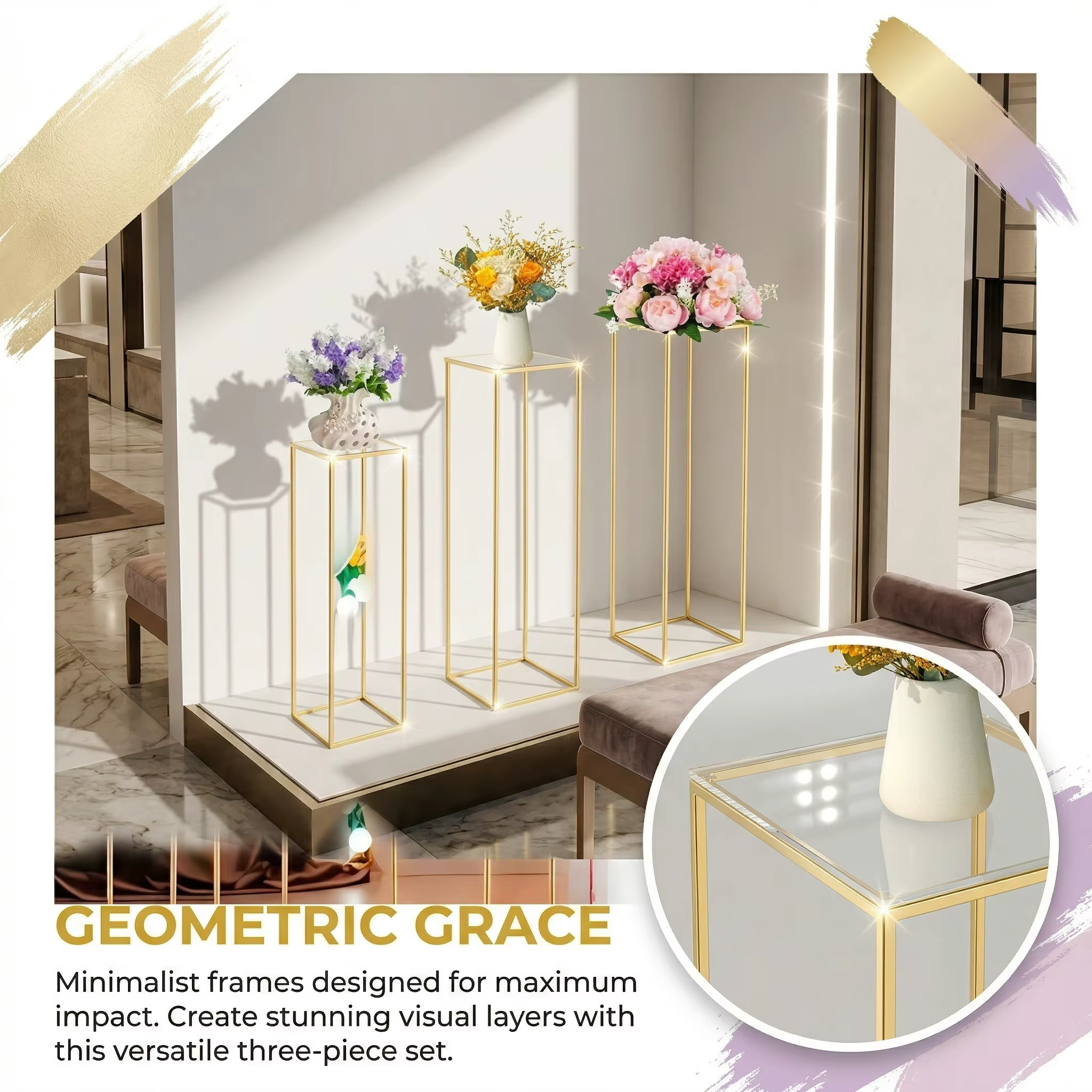 1 support à fleurs en métal de différentes hauteurs pour décoration de mariage