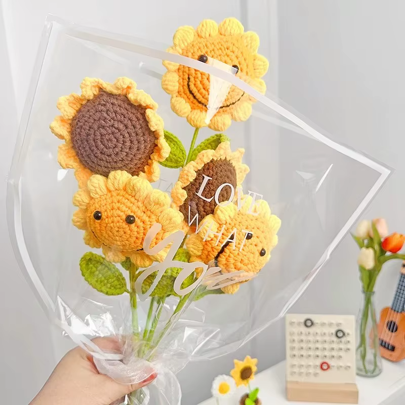 Bouquet de tournesol au crochet en laine fait à la main – 1 branche unique avec visage souriant