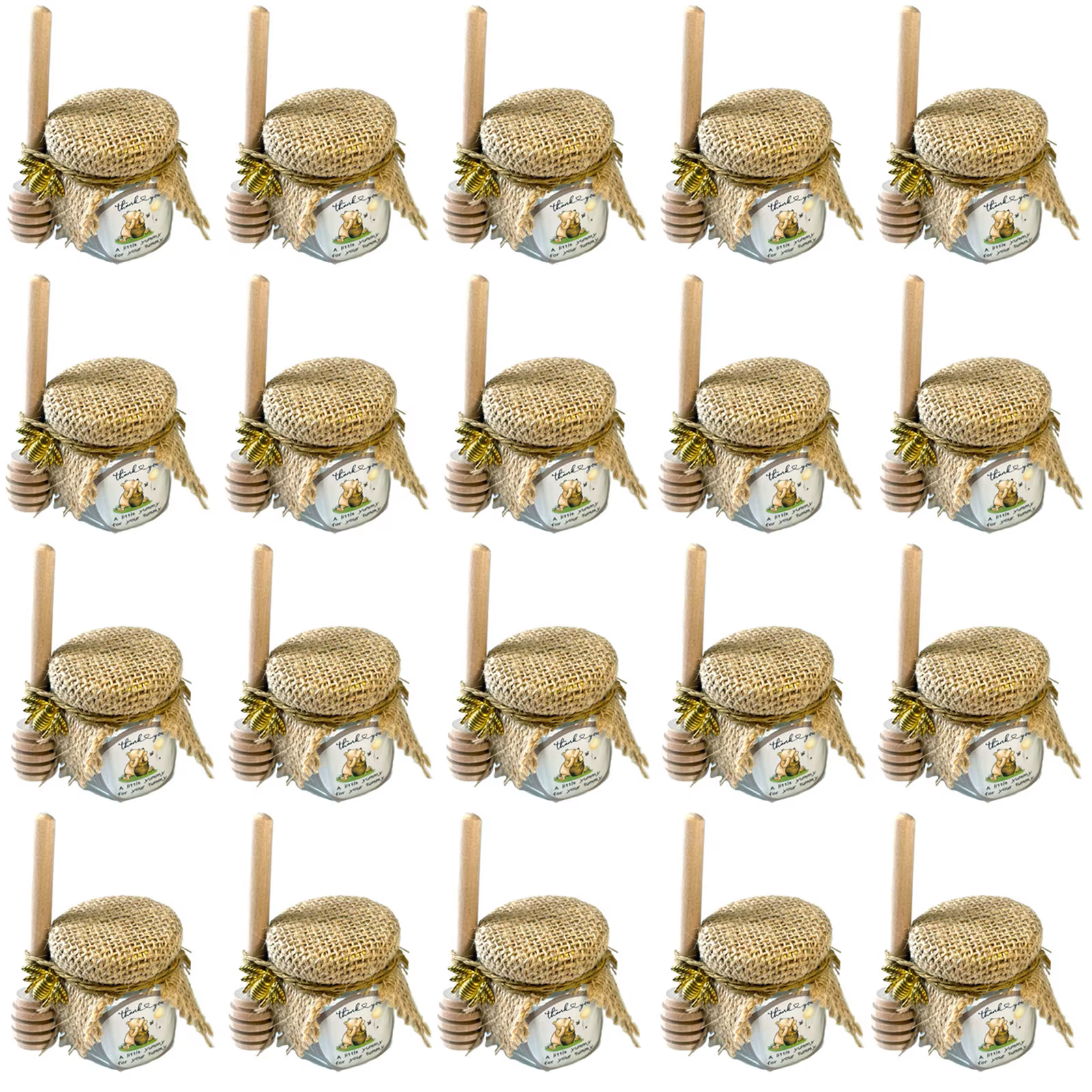 Mini ensemble de pots à miel hexagonaux en verre de 1,5 oz, avec cuillère à miel en bois, breloque abeille, ficelle de jute et toile de jute, réutilisable, cadeau pour mariage ou baby shower