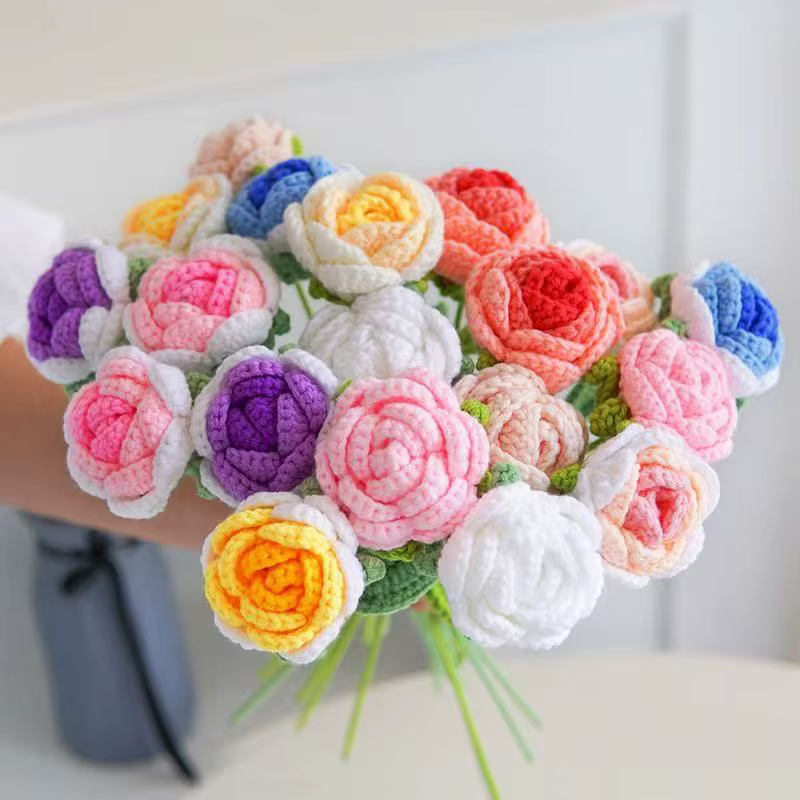 1/3 Pièces Fleurs Artificielles Roses au Crochet Faites à la Main Produits Finis pour Jardin Extérieur Mariage Bouquet de Mariée Fête à Domicile Cadeau DIY