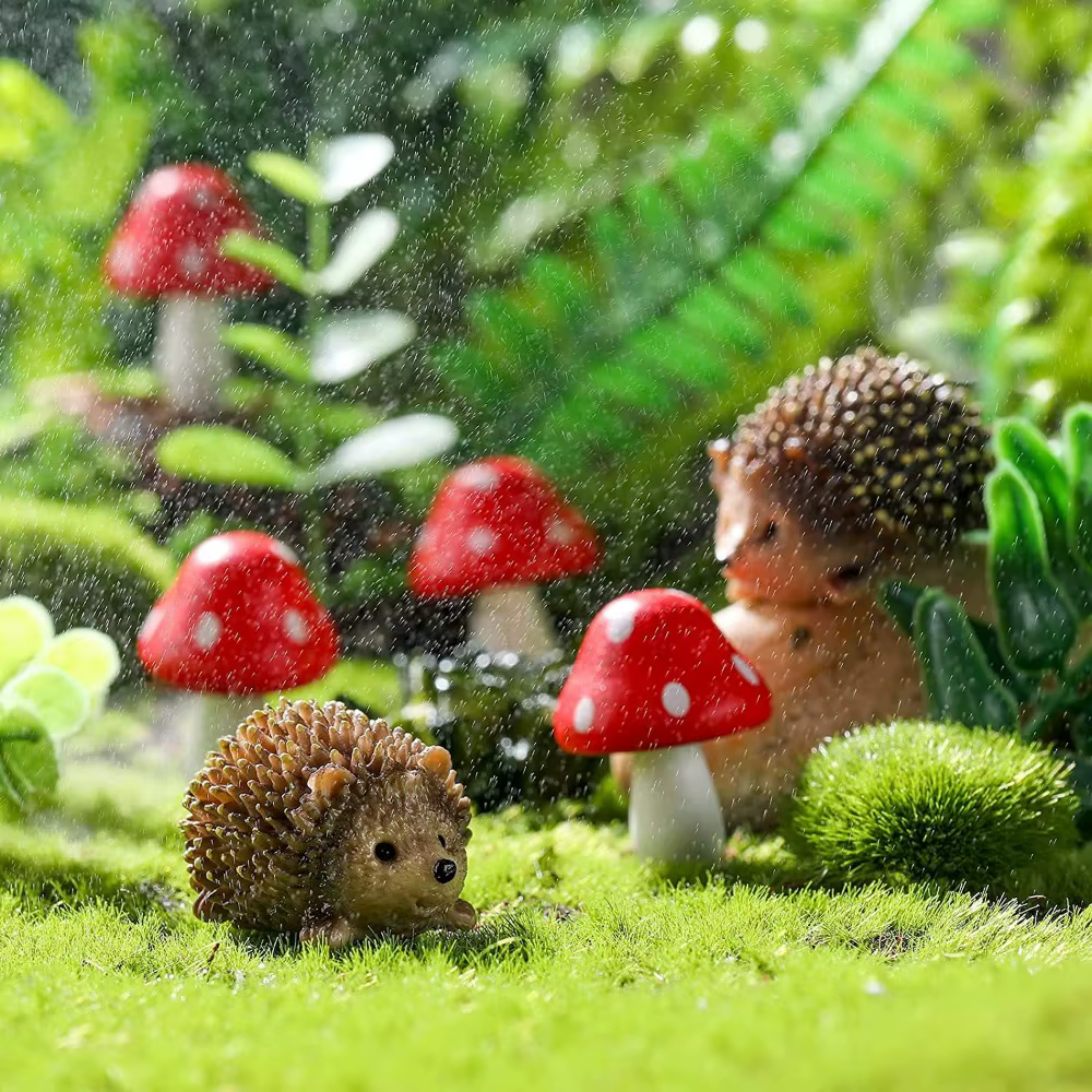 Accessoires de jardin en résine hérisson et champignon en bois