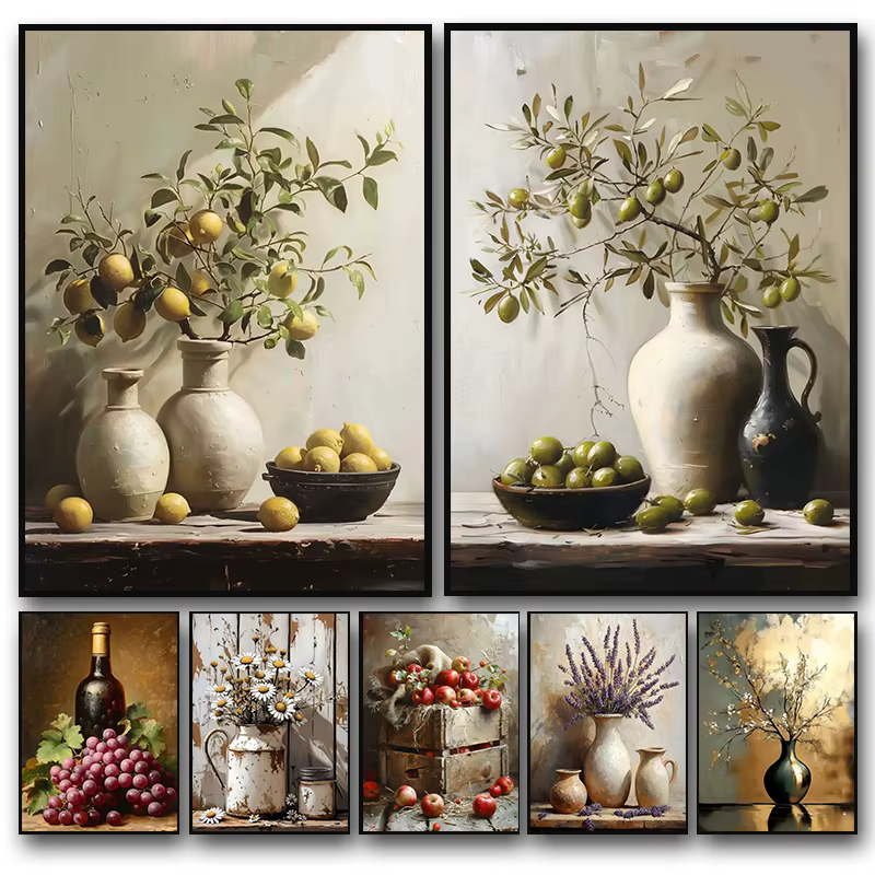Vintage citron olive plantes dans Vase imprime nature morte affiche mur Art toile peinture botanique Antique décor de chambre à coucher