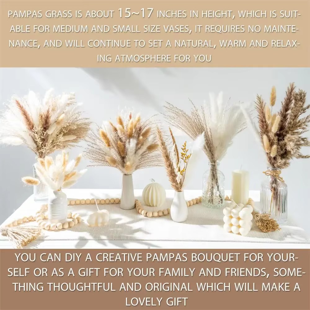 105 pièces fleurs séchées naturelles Pampas Bouquet Floral Boho pays décoration de la maison queue de lapin herbe Reed décor de mariage Arrangement