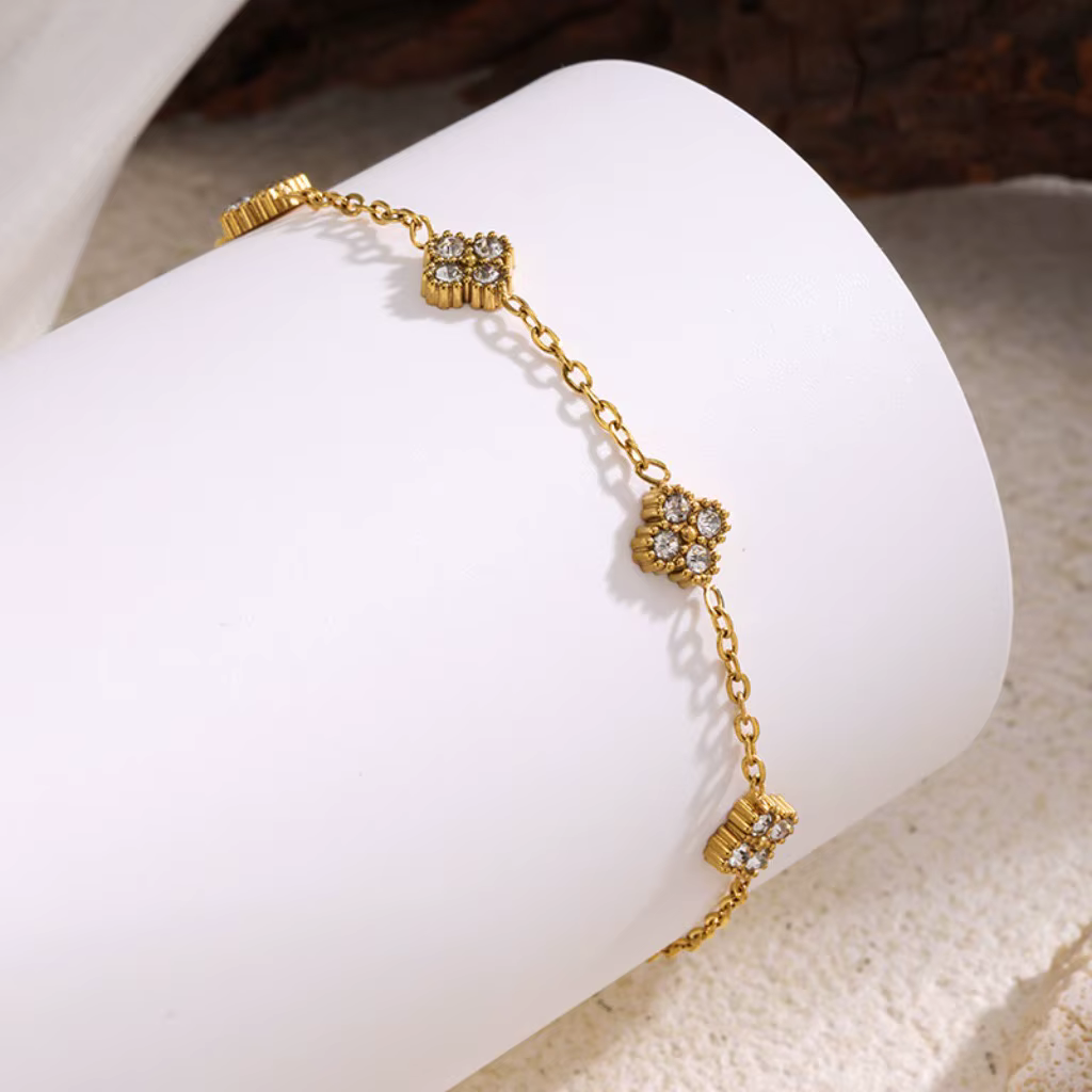 Bracelet de luxe en zircon couleur or avec motif floral - Bijoux en acier inoxydable pour femme, hypoallergénique, idéal pour cadeau et accessoires de fête