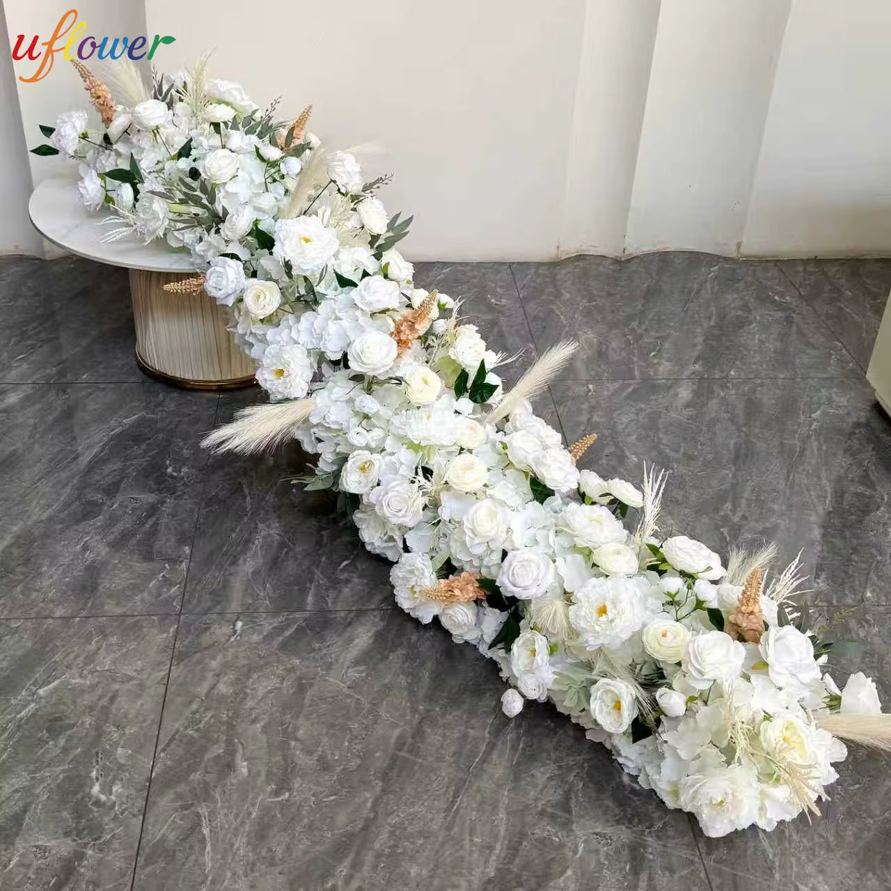 Uflower 100/200 cm blanc Rose vert feuille artificielle longue chemin fleur rangée