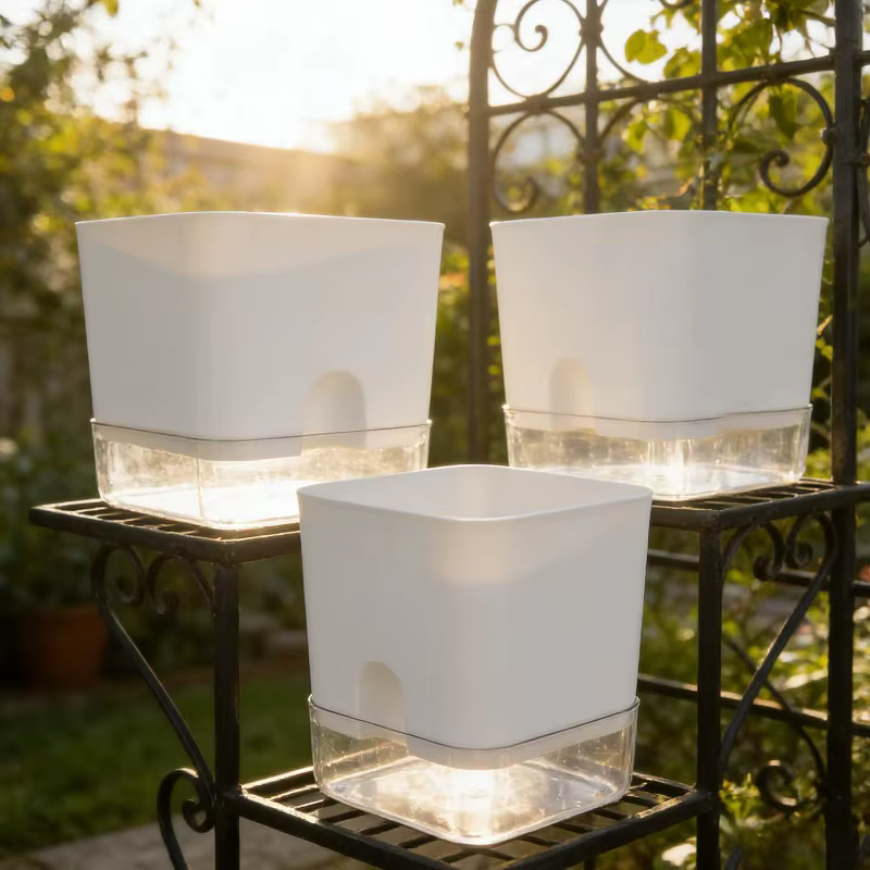Pot de fleurs auto-arrosant blanc carré à double couche pour plantes d'intérieur et d'extérieur