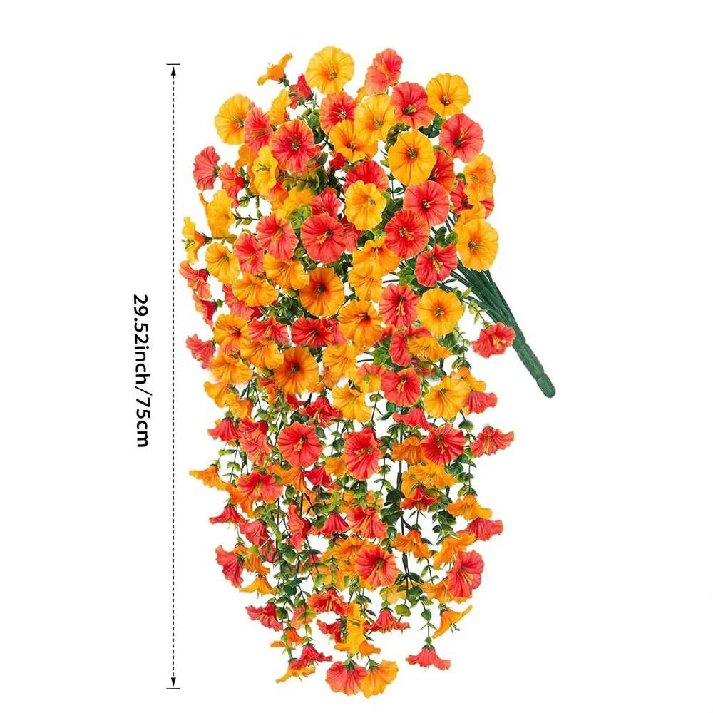 2 pièces fleurs artificielles suspendues fausses plantes extérieures soie matin gloire fausse fleur avec feuilles d'eucalyptus pour la décoration de jardin de la maison