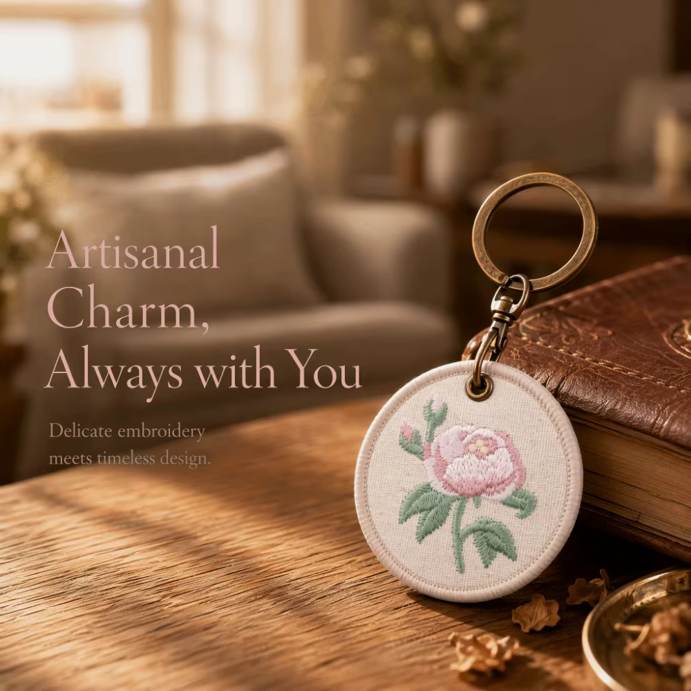 Porte-clés brodé de fleurs, créatif et tendance, rose blanche, rond, double face, avec pendentif clochettes de mai, pour couple