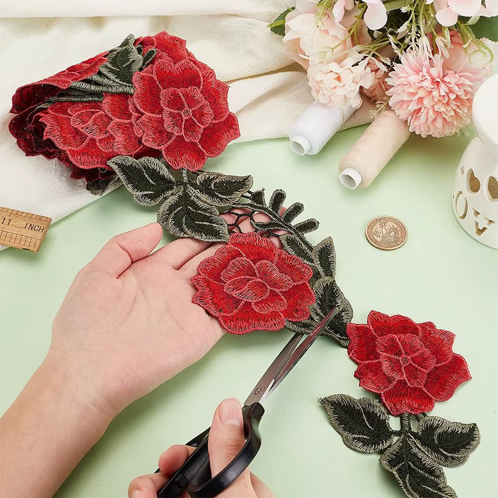Ruban de bord de tissu de dentelle de fleur de broderie rouge, jupe de bricolage, accessoires vestisens, technologie de couture, 120mm, 1 mètre