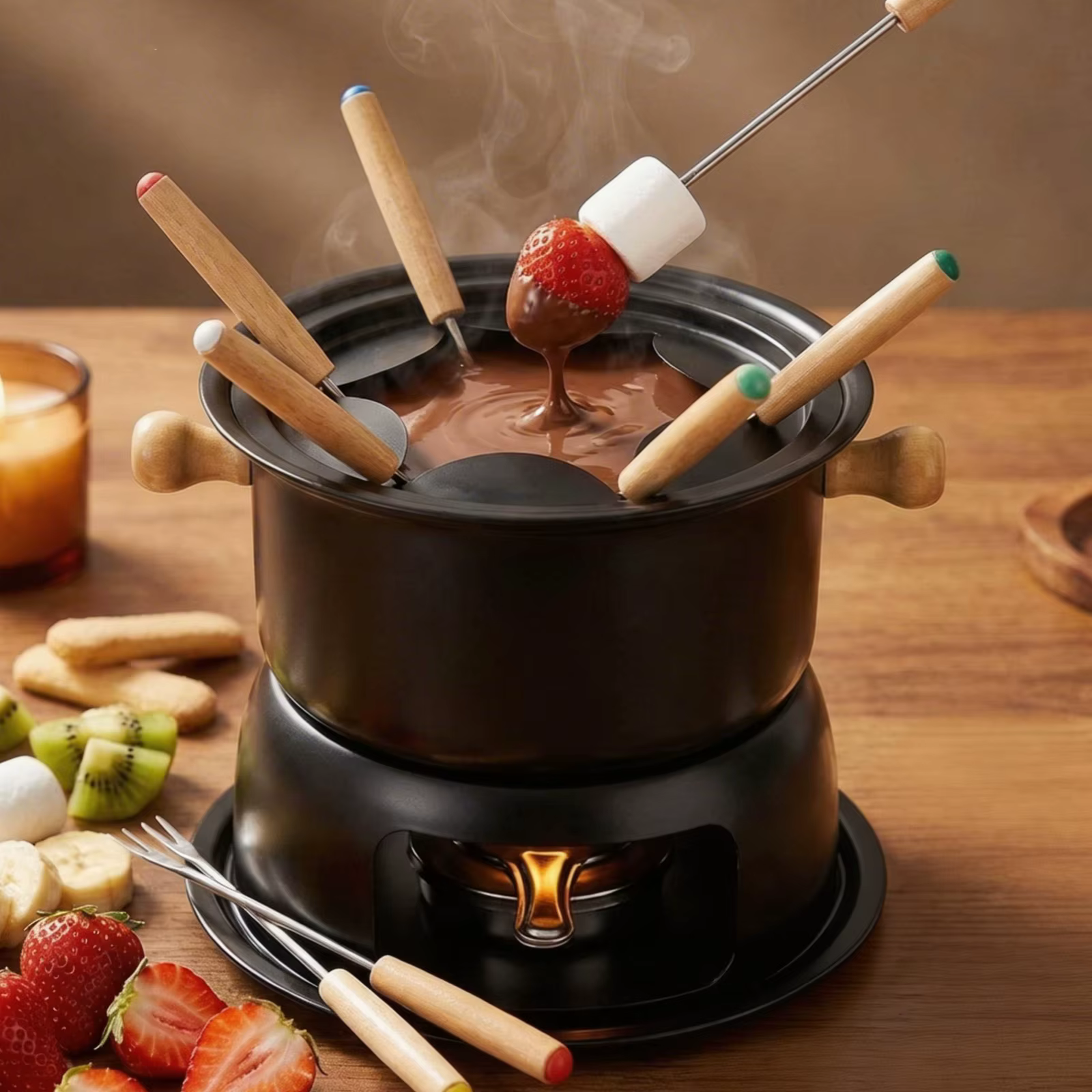 Kit de fondue polyvalent pour fondue au fromage et chocolats, ensemble de casseroles à fondue en acier inoxydable, appareil à fondue chauffant uniforme avec 6 fourchettes