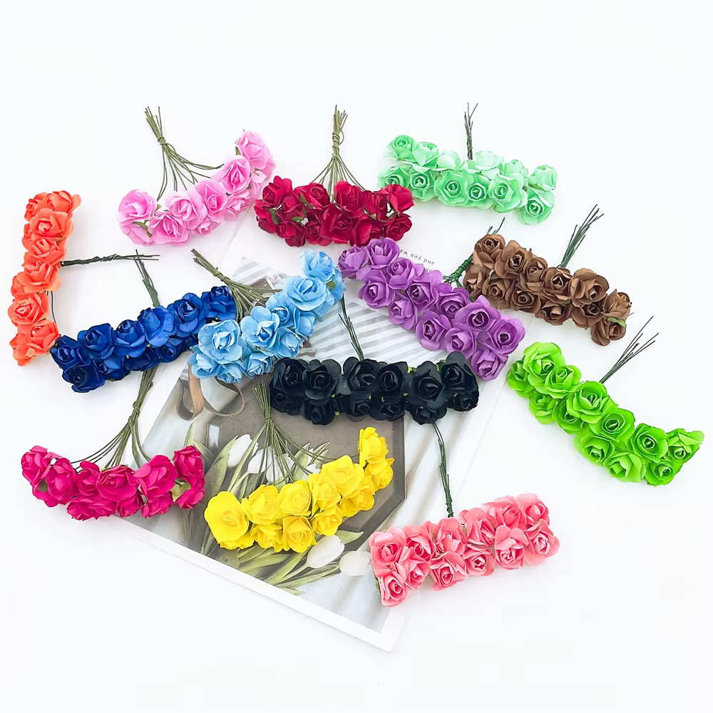 12/36/72 pièces 2cm Mini papier Rose fleurs artificielles Bouquet pour décoration de fête de mariage Scrapbooking