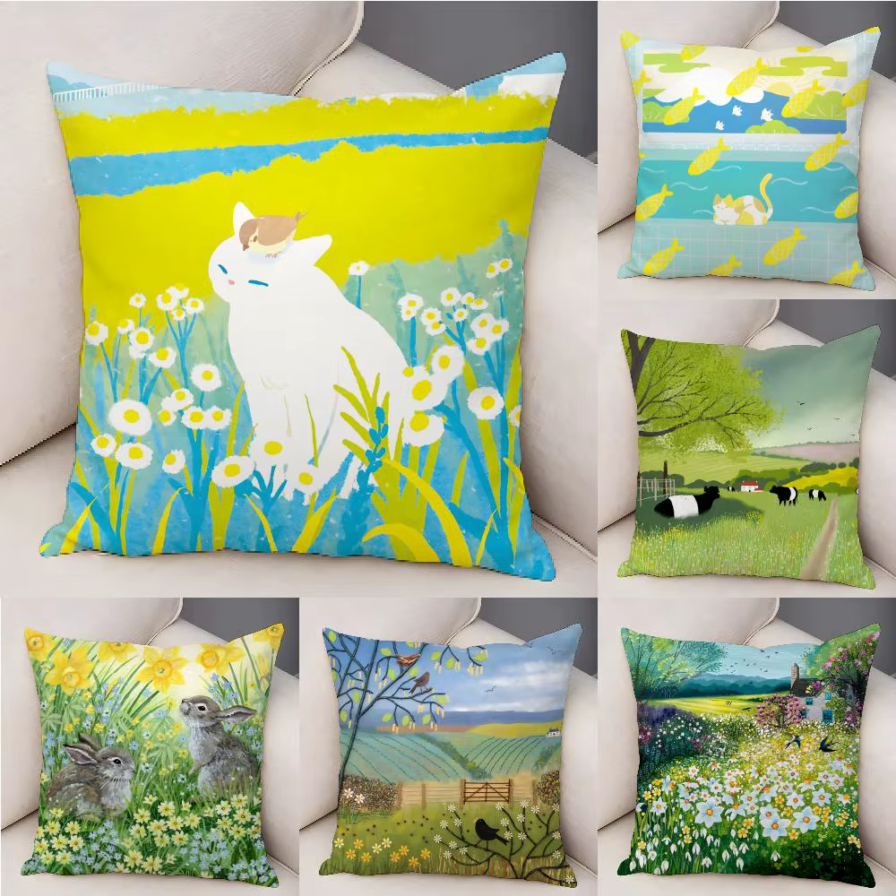 Housse de coussin à motif de fleurs sauvages et plantes rurales de printemps
