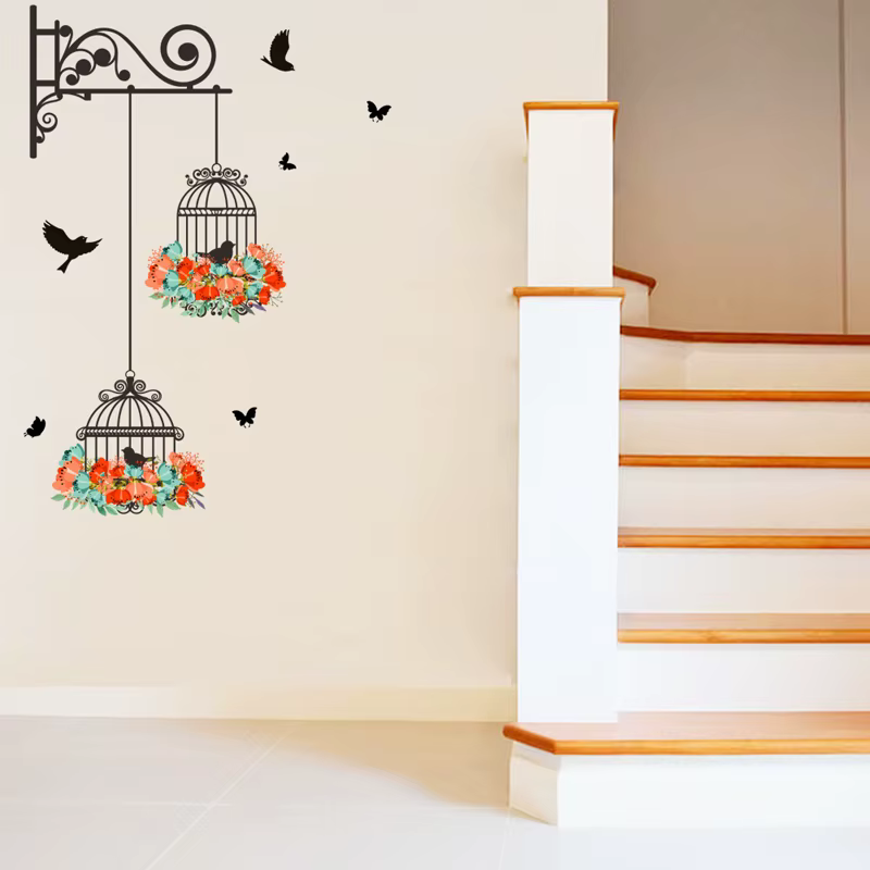 Autocollant Mural Coloré avec Cage à Oiseaux Volants