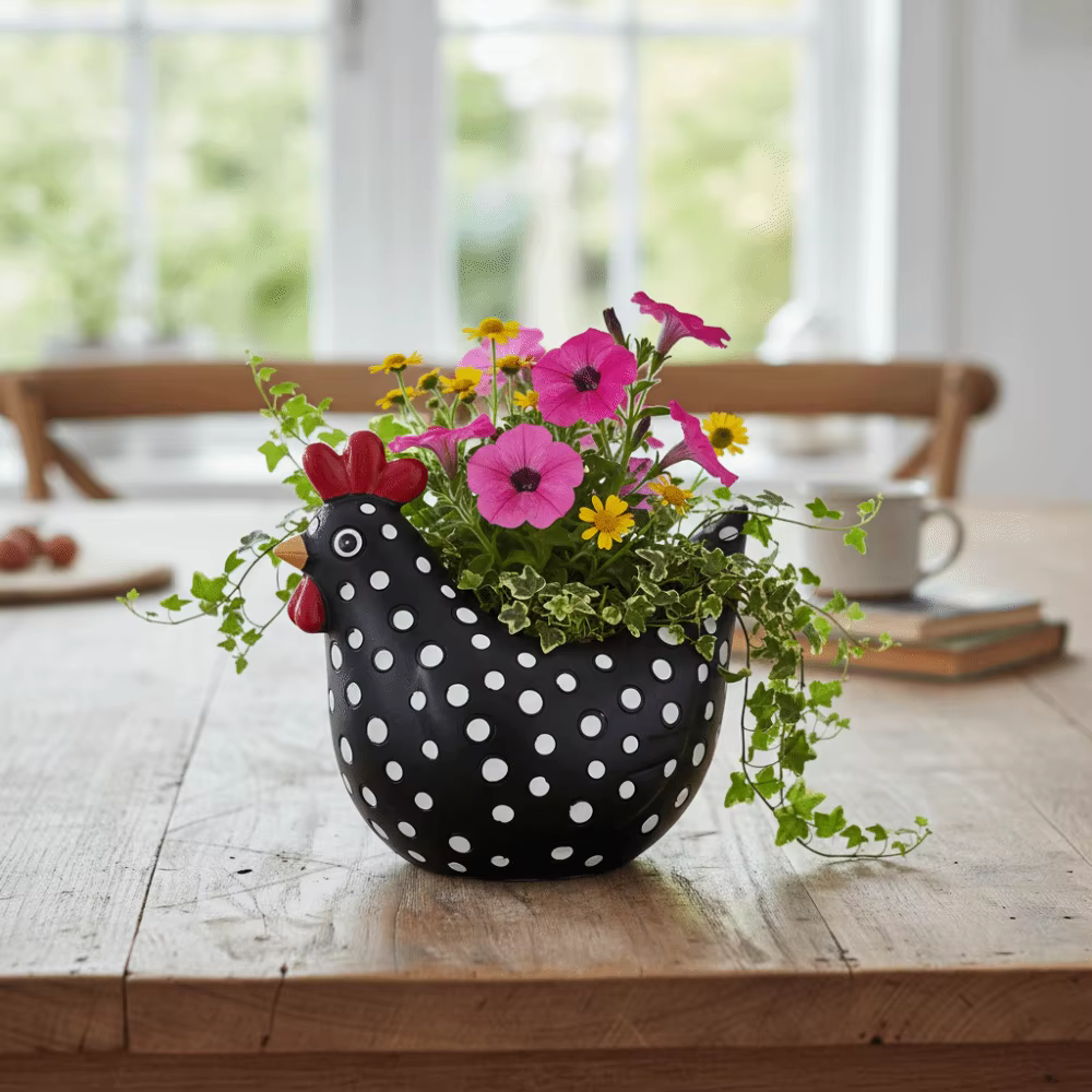 Pot de fleurs en résine en forme de poulet à pois