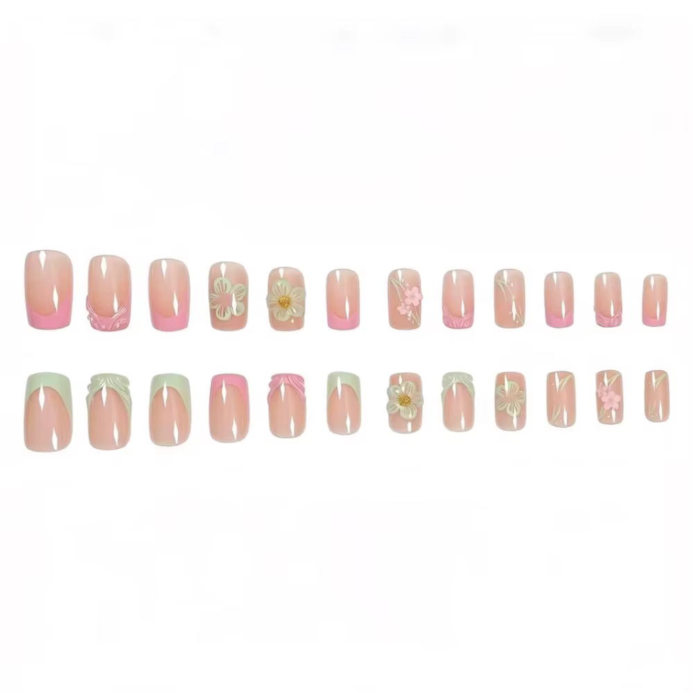 Faux ongles 3D pour femmes et filles, style français, blanc, rose, vert, bordure embossée, fleurs, bandes, printemps été, pose facile.