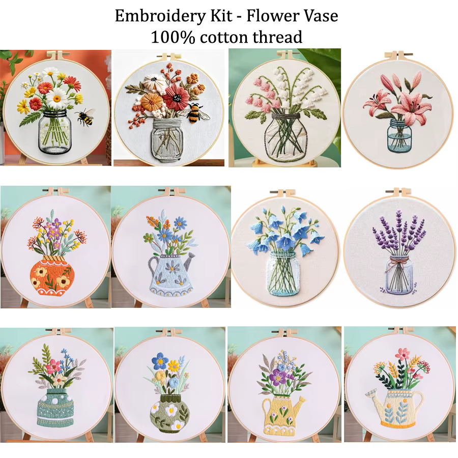 Kit de broderie DIY vintage Set Fleurs en vase et Art des fleurs avec abeille