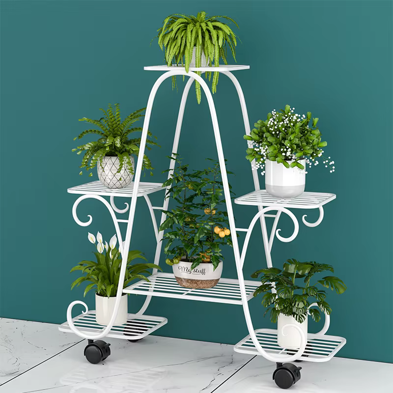 Support de fleurs en fer forgé, support de pot de fleur domestique mobile multicouche du sol au plafond