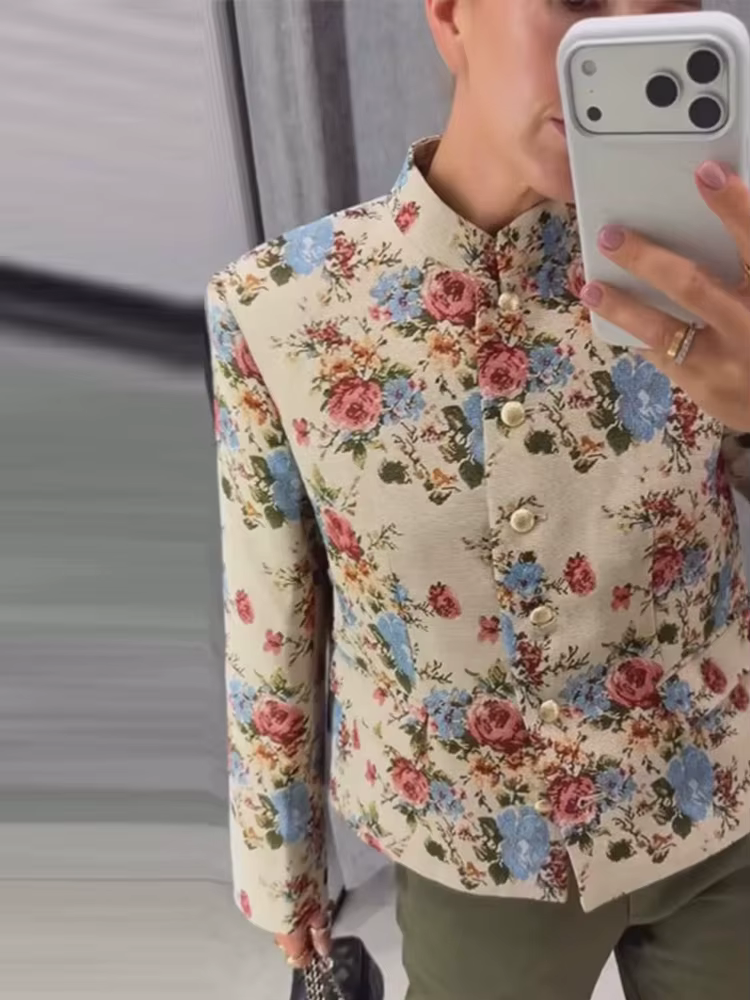 Blazer imprimé floral pour femme, col mandarin, épaulettes, veste courte à simple boutonnage, style vintage, pour l'automne et le quotidien