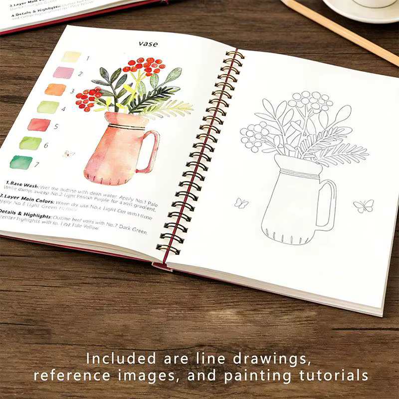Cahier d'exercices de fleurs à l'aquarelle à spirale, papier épais, guides pratiques pour débutants, pratique artistique quotidienne