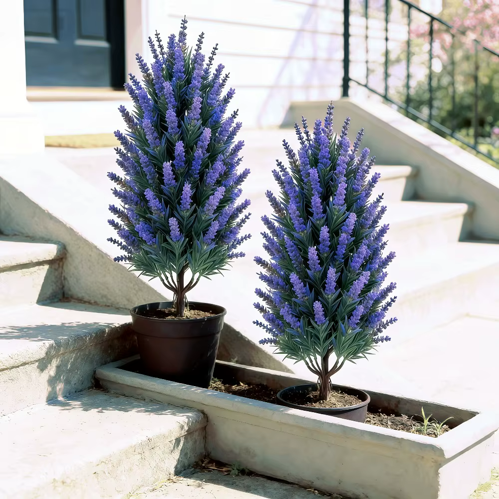 2 pièces d'arbres de lavande violets avec piquet de fixation au sol pour décors de mariage en extérieur