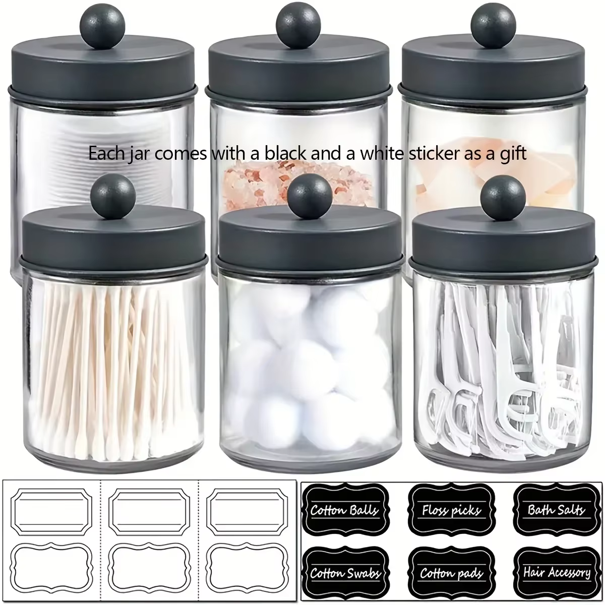 Pots d'apothicaire distributrice 1 pièce, pot de salle de bain, support noir, boîte de rangement en verre pour boule de coton, boîte de coton-tige
