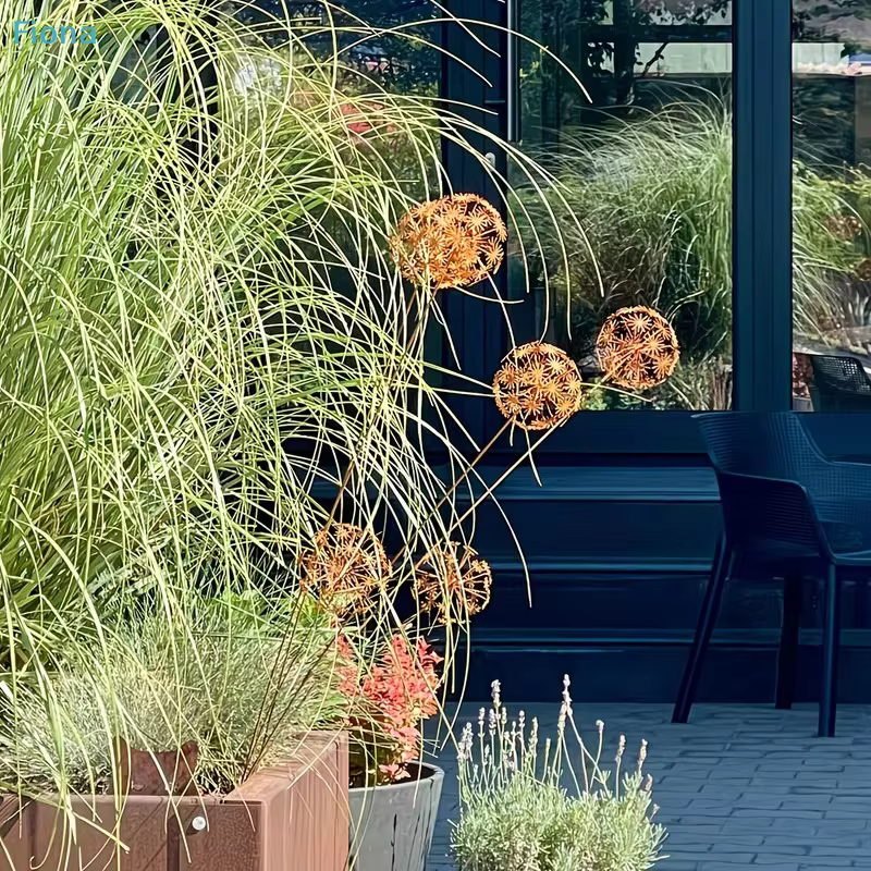 ☽ Piquets de jardin en métal rouillé en forme de pissenlit – Décoration