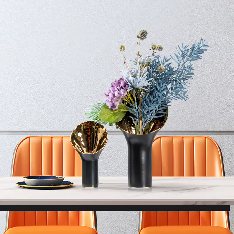 Vase en céramique trompette dorée, pot à fleurs ouvert, accessoires pour arrangements floraux, vase à fleurs, terrarium, accessoires de décoration pour la maison