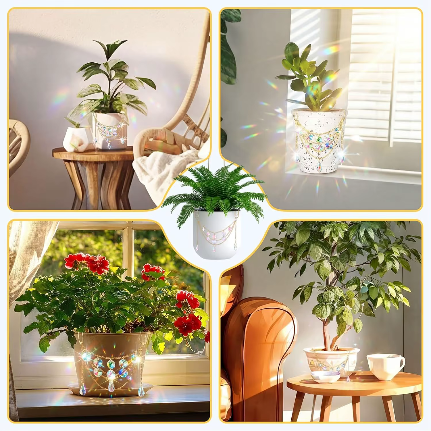 Support de plante attrape-soleil avec perles et cristaux de verre