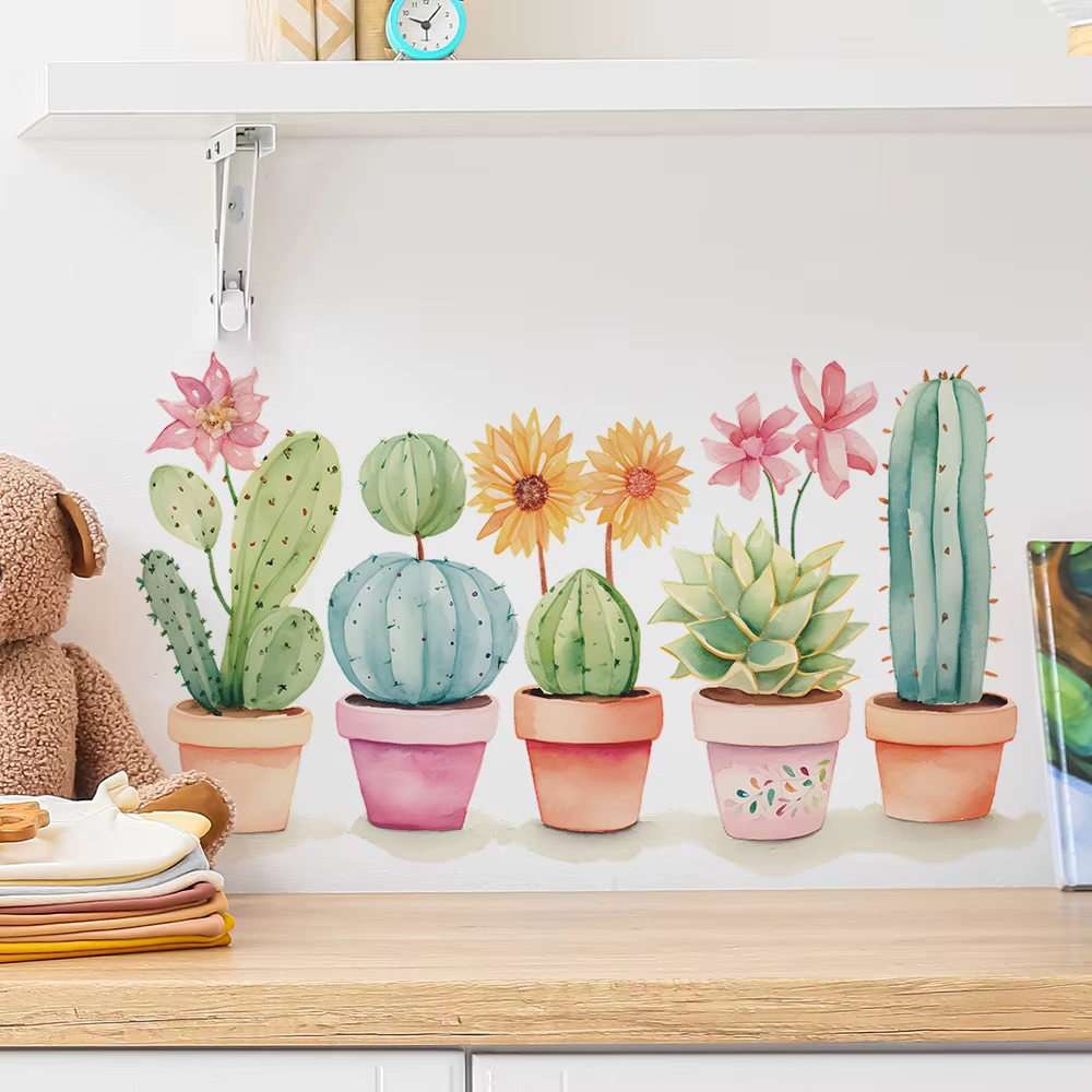 1 pièces dessin animé plante verte Cactus maison chambre salon fond décoration embellir pâte murale auto-adhésive
