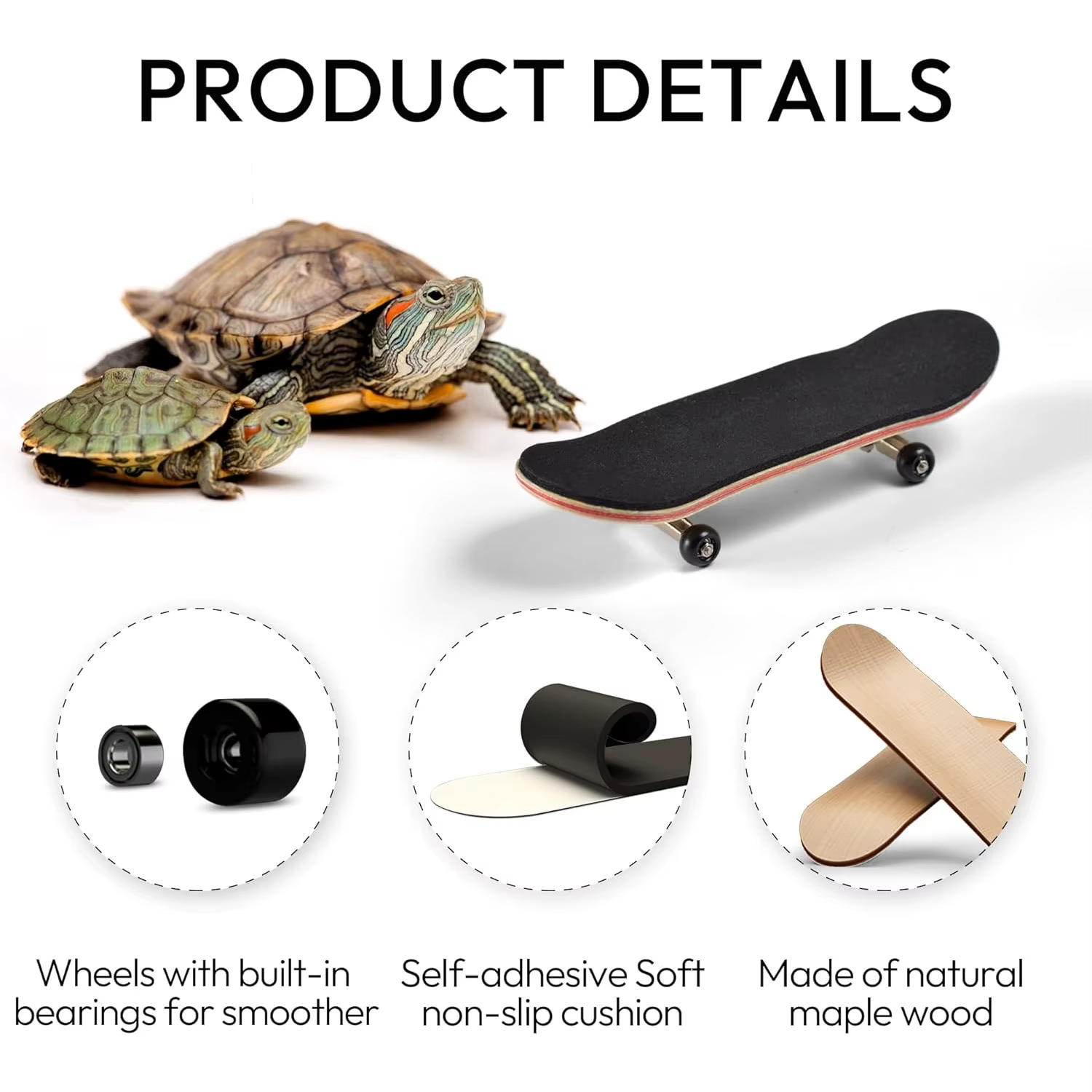 Mini planche à roulettes tortue avec coussinet antidérapant, roues à roulement lisses pour jouets tortues, tortues et oiseaux