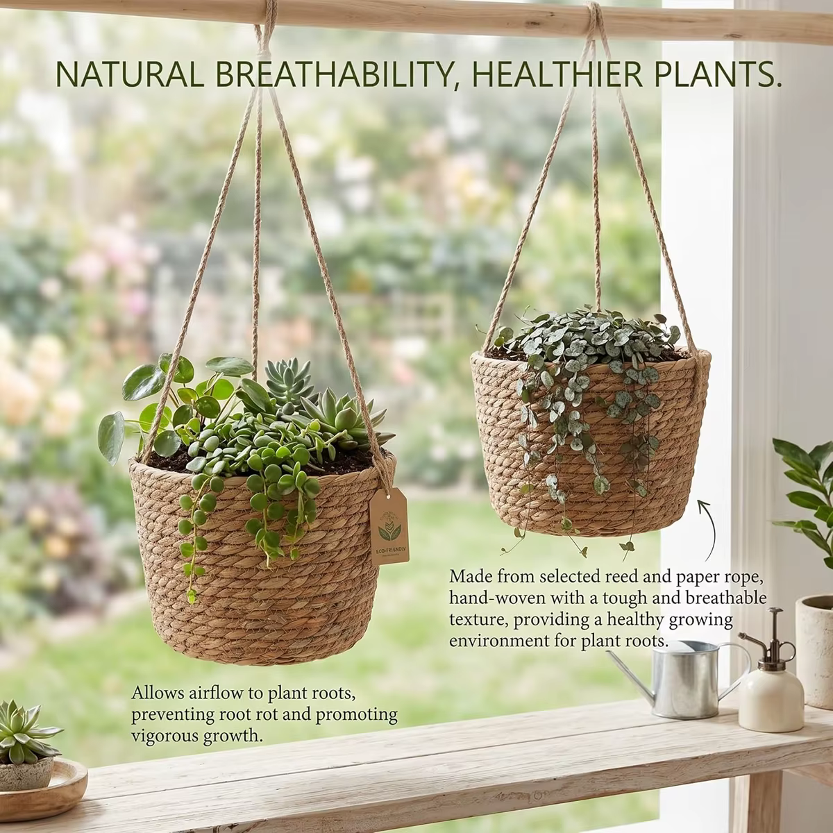 Pot de fleurs suspendu en paille pour balcon