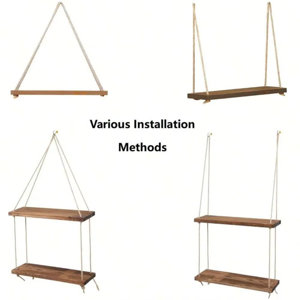 1pc Étagère murale suspendue en bois avec corde de chanvre