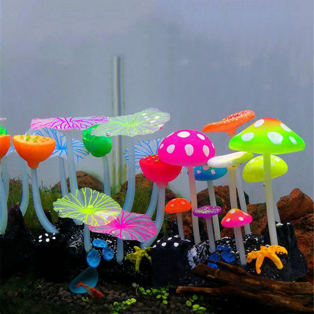 Plantes artificielles pour Aquarium, 9 pièces, décorations pour Aquarium, eau, herbe, Lotus, champignons, ornements fluorescents, décoration de paysage pour la maison