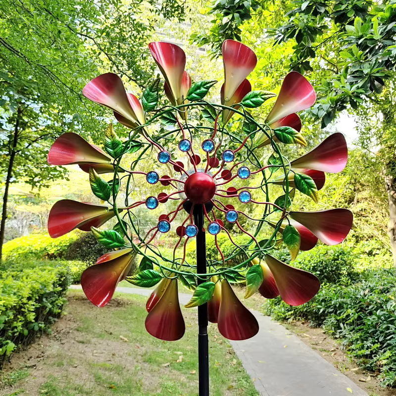 Moulin à vent à fleurs trompette Double face, avec lumière solaire rotative en fer, décor de jardin, Pinwheel extérieur, piquets de paysage, ornements