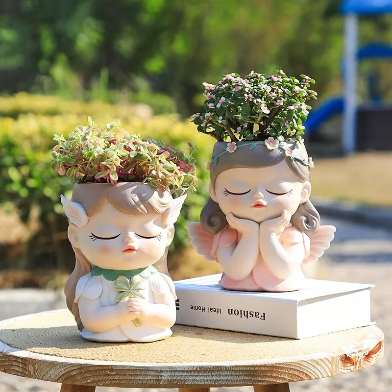 Pot de jardinière de visage de fille d'ange mignon de 7 pouces avec trou de Drainage