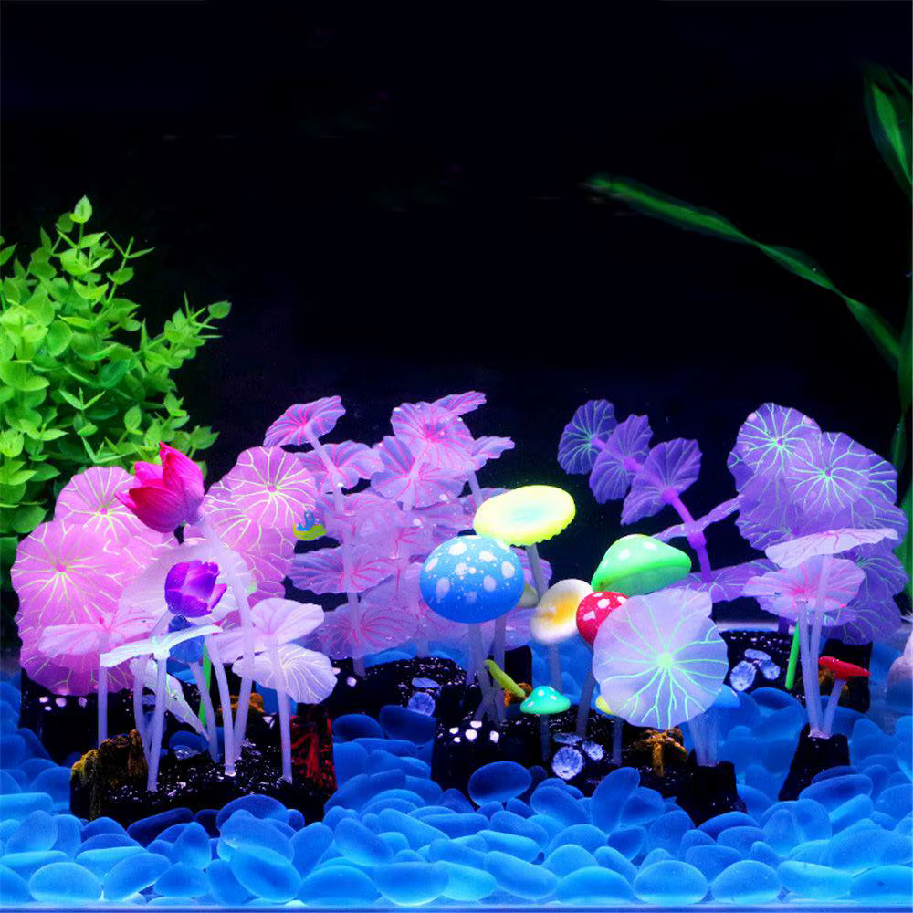 Plantes artificielles pour Aquarium, 9 pièces, décorations pour Aquarium, eau, herbe, Lotus, champignons, ornements fluorescents, décoration de paysage pour la maison