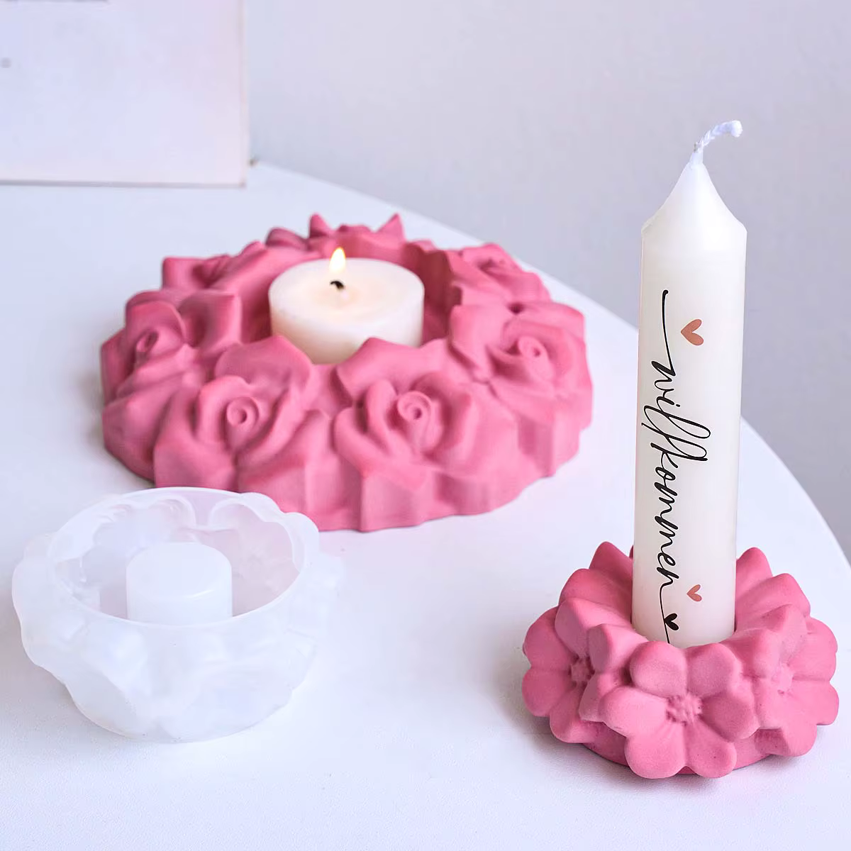 Moule en silicone pour bougeoir en forme de fleurs de cerisier et de roses, pour la fabrication artisanale de supports de bougies en plâtre et résine, moules de moulage pour la décoration intérieure