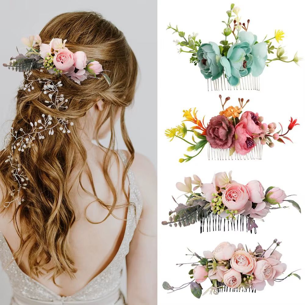Peigne à cheveux fleur pour patients élégants, ornements de cheveux en cristal, mariage rustique, floral, cuir chevelu féminin, accessoires pour mariées