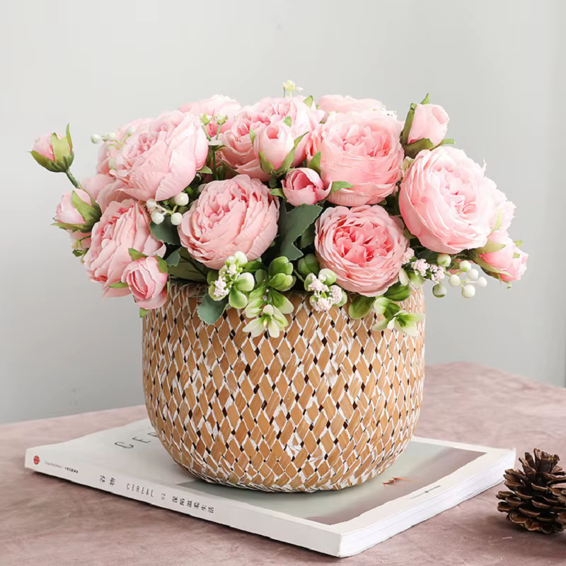 1 Bouquet de 9 Têtes de Fleurs Artificielles en Soie (Pivoine