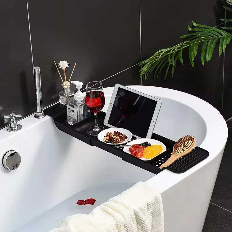 Étagère de baignoire extensible en bambou T1, caddie de douche, porte-serviettes et porte-livre, accessoires de rangement