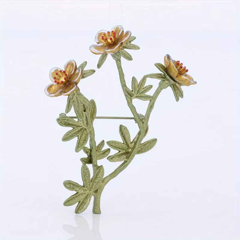 Broche de branche de fleur verte laquée pour dames
