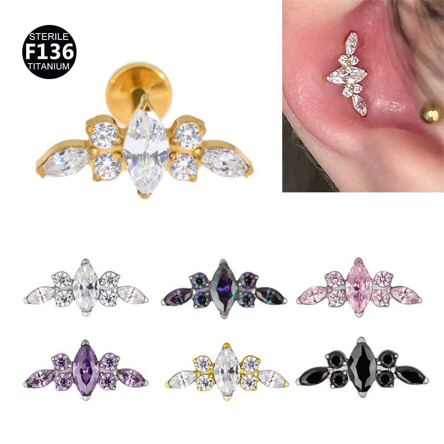 Boucles d'Oreilles en Titane F136 16G, Barre Incurvée, Piercing de Corps, Clou Labret Fileté, Tragus, Anneau Jules, Fleur Pavée Supérieure, Bijoux, 1 Pièce