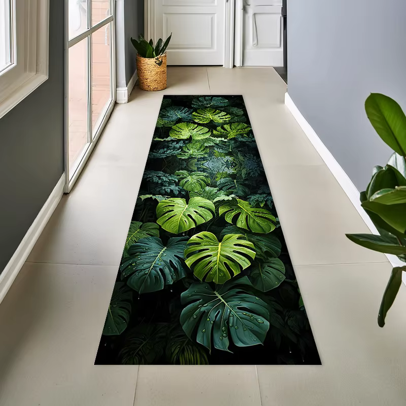 Tapis demi-rond à feuilles de plantes tropicales vertes Monstera