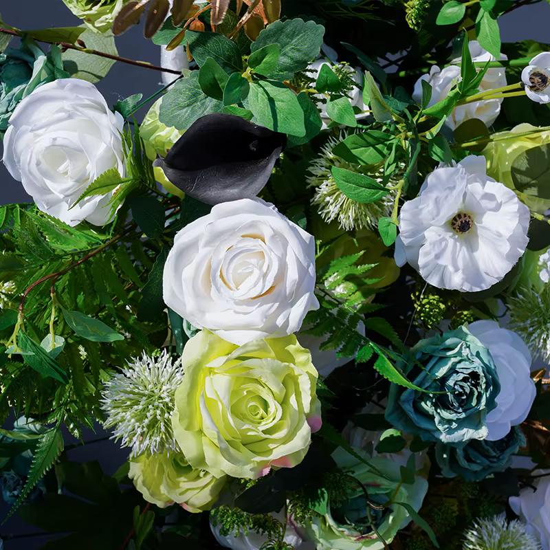 Champagne blanc verdure feuilles canapé coureur Arrangement Floral décor mariage toile de fond KT conseil événement scène sol fleurs A8704