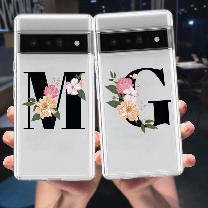 Coque de téléphone transparente en silicone souple antichoc avec lettres de fleurs S, coque pour Google Pixel 9 Pro XL 8 7 6 Pro 8A 7A snap5 4 5A 4A 3A XL 5G