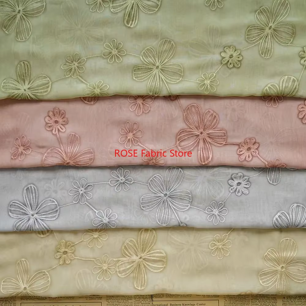 Tissu en mousseline de soie vert Beige brodé de fleurs, tulle Floral pour robe de mariée, robe de soirée, robe d'été, chemises, Design de costumes