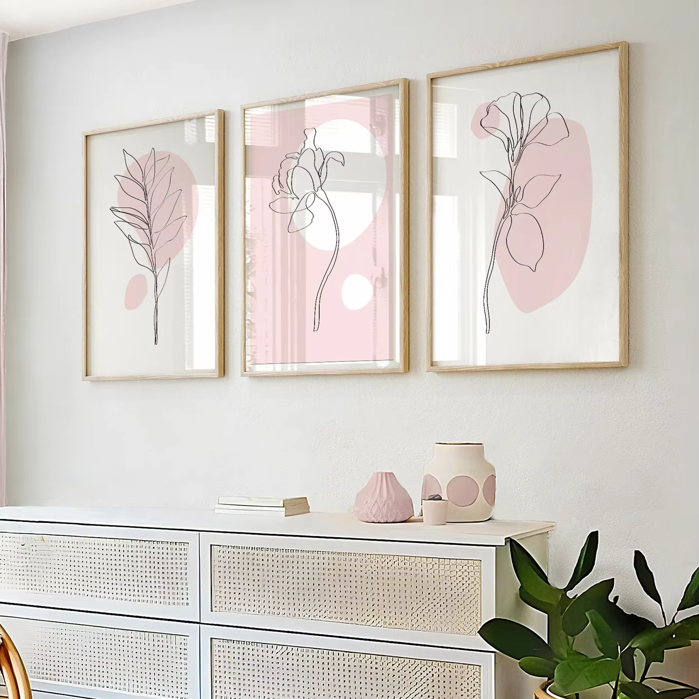 Lot de 3 tableaux muraux botaniques roses – Décoration murale botanique – Affiche d'art linéaire botanique – Décoration intérieure rose – Peinture sur toile pour la décoration de chambre